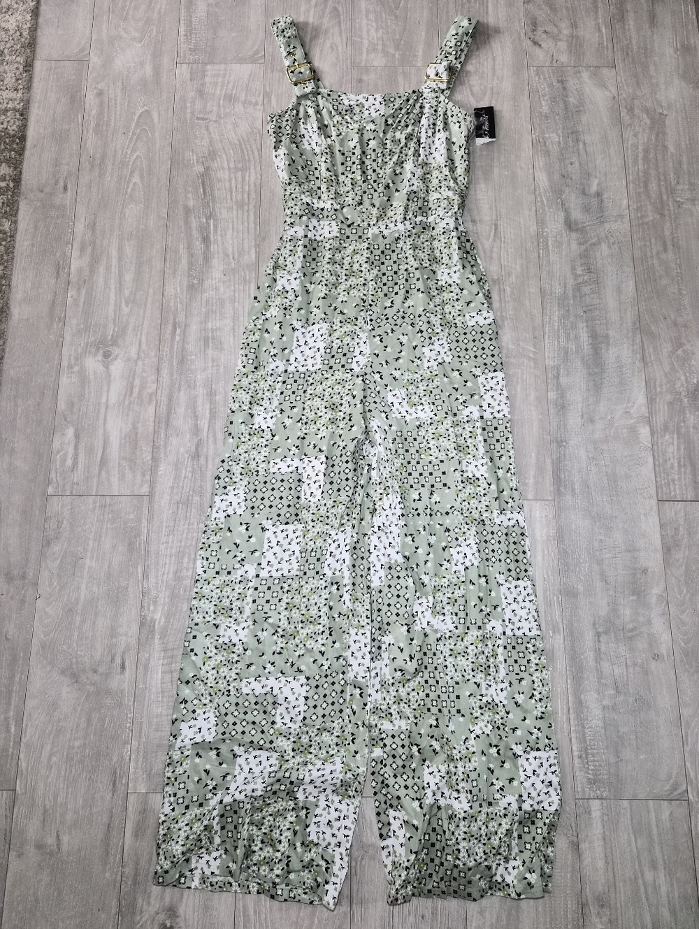 Light Green Patterned Wide-Leg Jumpsuit Small Summer Spring Flowy